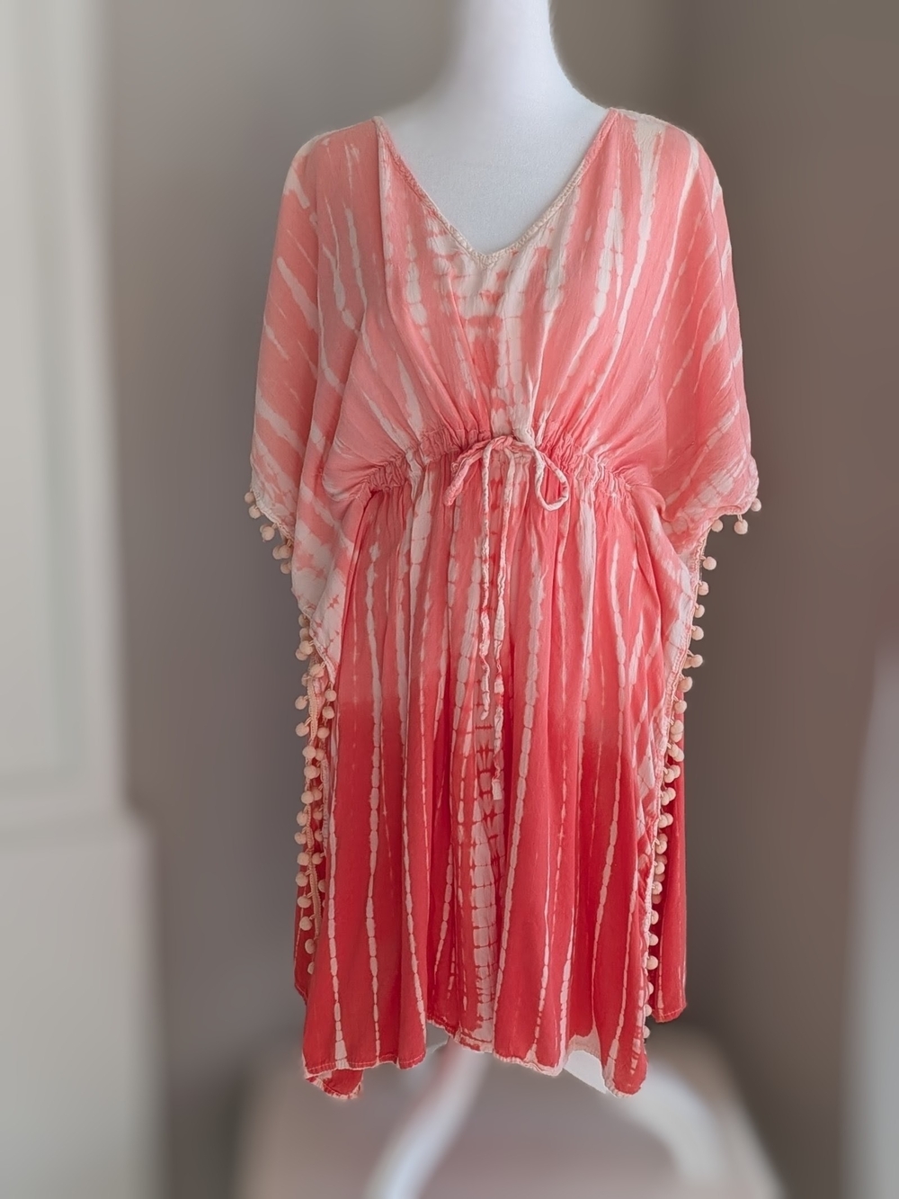 Women's Coral Tie-Dye Pom-Trim Swim Coverup with Drawstring-One Size